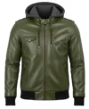 Women's Bomber Removable Hooded Leather Jacket Olive Green front view