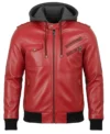 Women's Bomber Removable Hooded Leather Jacket Red front view