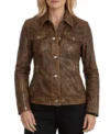 Women’s Brown Distressed Sheepskin Leather Trucker Jacket