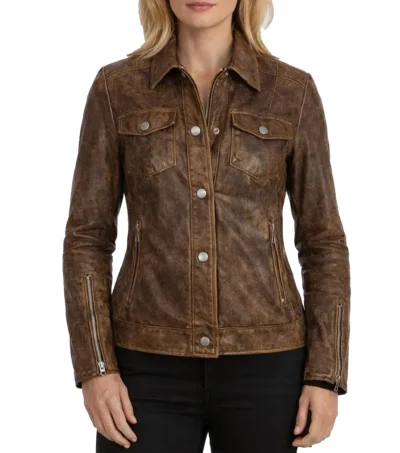 Women’s Brown Distressed Sheepskin Leather Trucker Jacket
