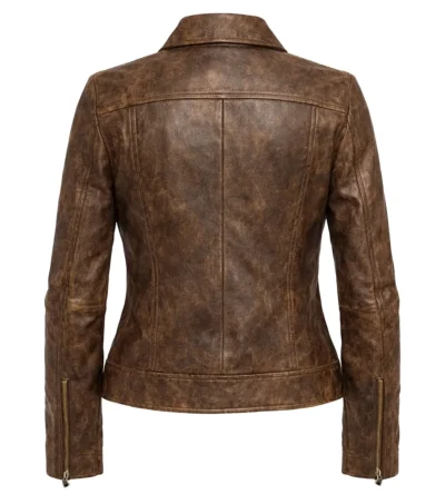 Women’s Brown Distressed Sheepskin Leather Trucker Jacket back view