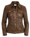 Women’s Brown Distressed Sheepskin Leather Trucker Jacket front view