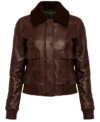 Women’s Brown Sheepskin Leather Bomber Jacket front view