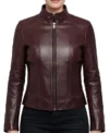 Women's Burgundy Lambskin Leather Cafe Racer Jacket