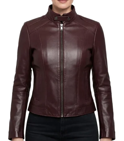 Women's Burgundy Lambskin Leather Cafe Racer Jacket