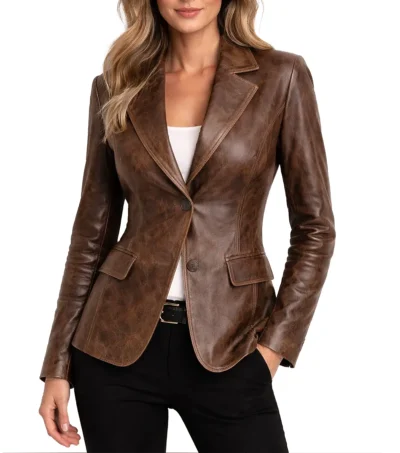 Women's Distressed Brown Leather Blazer