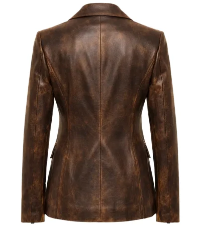 Women's Distressed Brown Leather Blazer back view