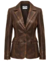 Women's Distressed Brown Leather Blazer front view
