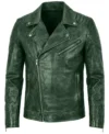 Women's Green Distressed Genuine Leather Biker Style Jacket front view
