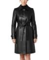 Women’s Hip Length Belted Black Leather Trench Coat