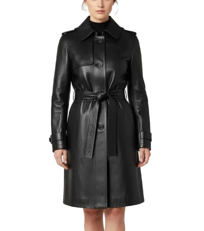 Women’s Hip Length Belted Black Leather Trench Coat