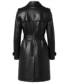 Women’s Hip Length Belted Black Leather Trench Coat back view