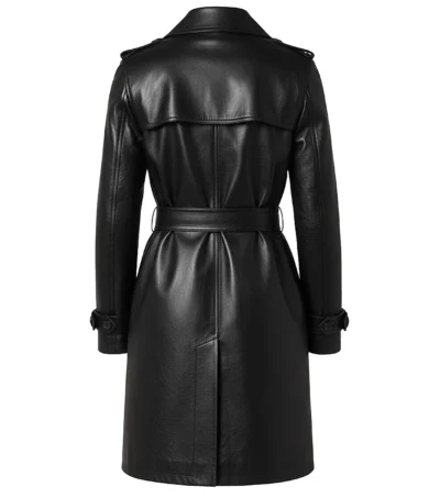 Women’s Hip Length Belted Black Leather Trench Coat back view