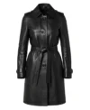 Women’s Hip Length Belted Black Leather Trench Coat front view