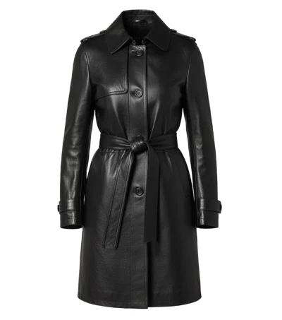 Women’s Hip Length Belted Black Leather Trench Coat front view