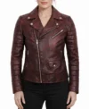 Women’s Maroon Distressed Waxed Leather Biker Jacket