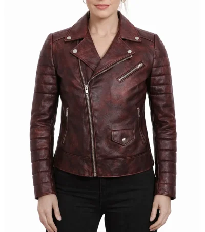 Women’s Maroon Distressed Waxed Leather Biker Jacket