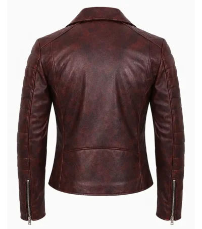 Women’s Maroon Distressed Waxed Leather Biker Jacket back view