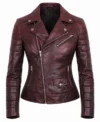 Women’s Maroon Distressed Waxed Leather Biker Jacket front view