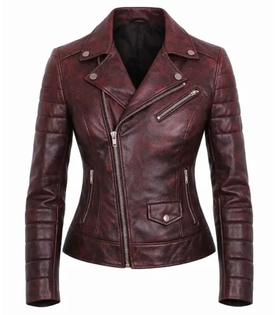 Women’s Maroon Distressed Waxed Leather Biker Jacket front view