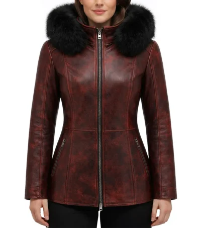 Women's Maroon Distressed Waxed Leather Hooded Jacket