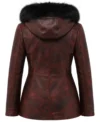 Women's Maroon Distressed Waxed Leather Hooded Jacket back view