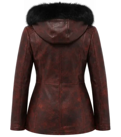 Women's Maroon Distressed Waxed Leather Hooded Jacket back view