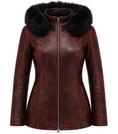 Women's Maroon Distressed Waxed Leather Hooded Jacket front view