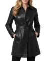 Women's Mid-Length Black Leather Trench Coat