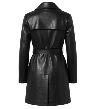 Women's Mid-Length Black Leather Trench Coat back view