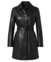 Women's Mid-Length Black Leather Trench Coat front view