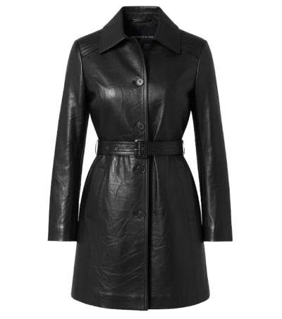 Women's Mid-Length Black Leather Trench Coat front view