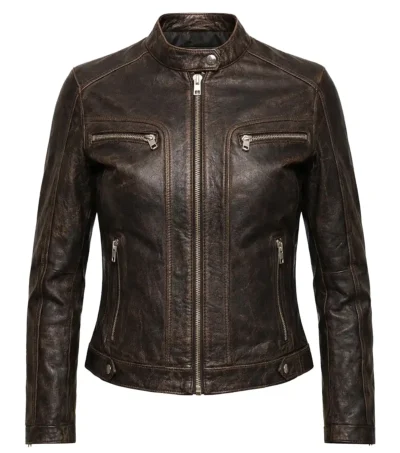 Women's Moto Muse Brown Leather Jacket front view