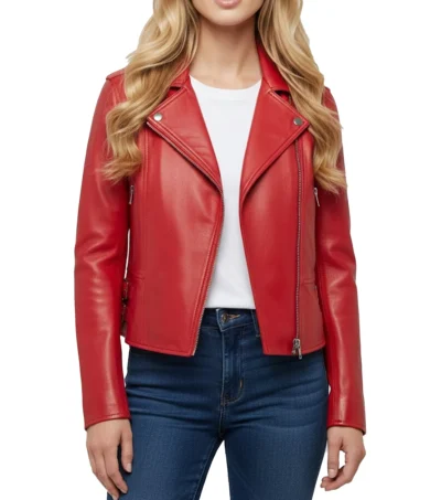 Women's Motorcycle Slim-Fit Zip-Up Red Leather Jacket