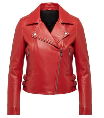 Women's Motorcycle Slim-Fit Zip-Up Red Leather Jacket front view