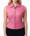 Women’s Pink Quilted Shoulder Studded Leather Vest