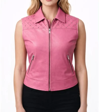 Women’s Pink Quilted Shoulder Studded Leather Vest