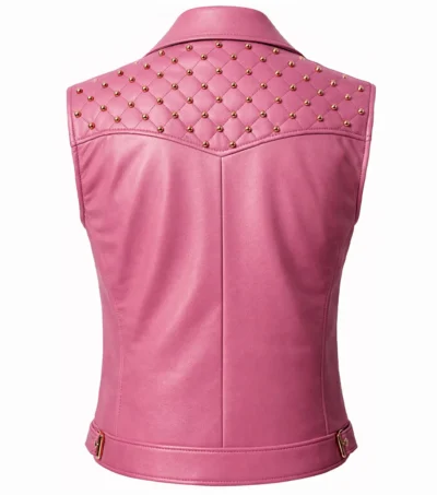Women’s Pink Quilted Shoulder Studded Leather Vest back view