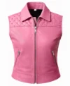 Women’s Pink Quilted Shoulder Studded Leather Vest front view