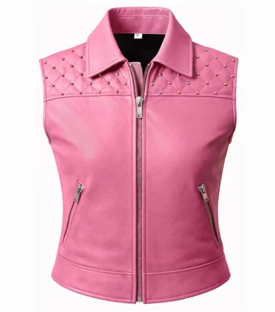 Women’s Pink Quilted Shoulder Studded Leather Vest front view