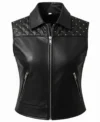 Women’s Quilted Shoulder Studded Leather Vest black front view