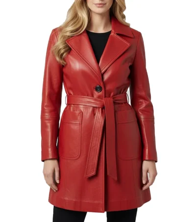 Women's Red Sheepskin Leather Trench Coat