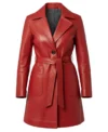 Women's Red Sheepskin Leather Trench Coat front view