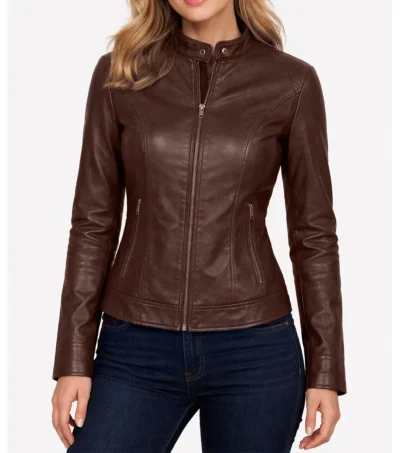 Women’s Slim Fit Cafe Racer Brown Real Leather Jacket
