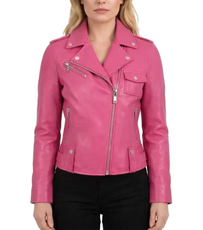 Women's Slim Fit Pink Sheepskin Leather Biker Jacket
