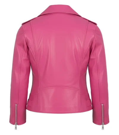 Women's Slim Fit Pink Sheepskin Leather Biker Jacket back view