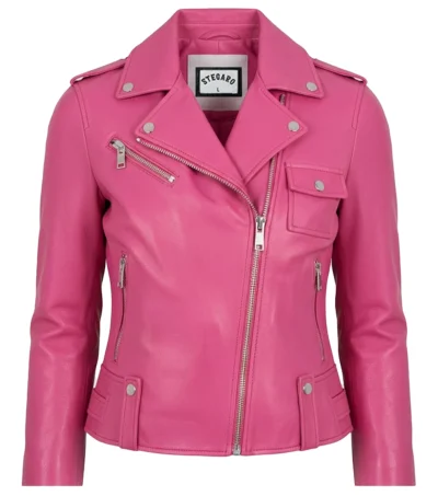 Women's Slim Fit Pink Sheepskin Leather Biker Jacket front view