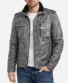 Mens Gray Military Style Distressed Leather Jacket