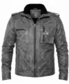 Mens Gray Military Style Distressed Leather Jacket view