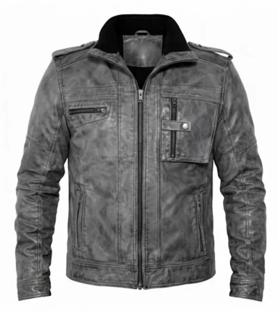 Mens Gray Military Style Distressed Leather Jacket view